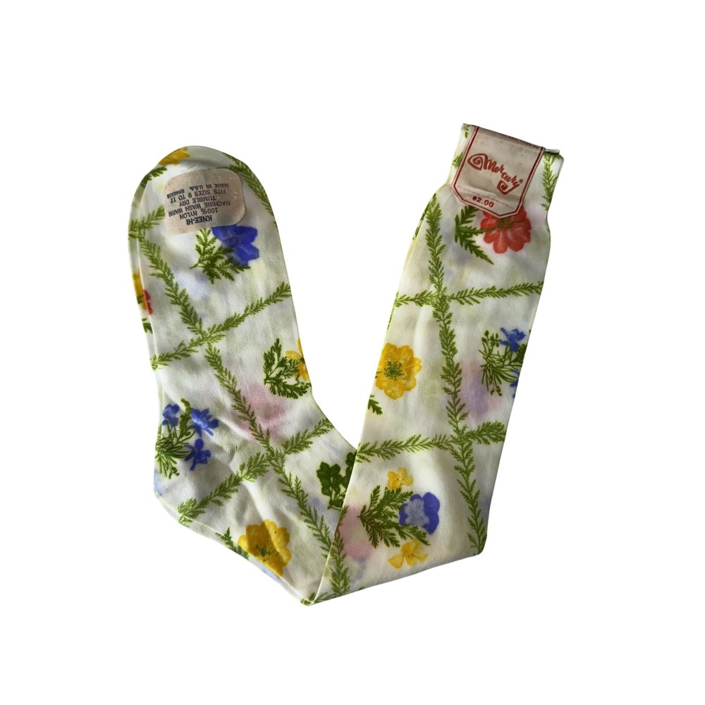 Vintage Knee Hi Socks 9-11 White‎ Floral Nylon USA 70s Cottage Cosplay Pretty